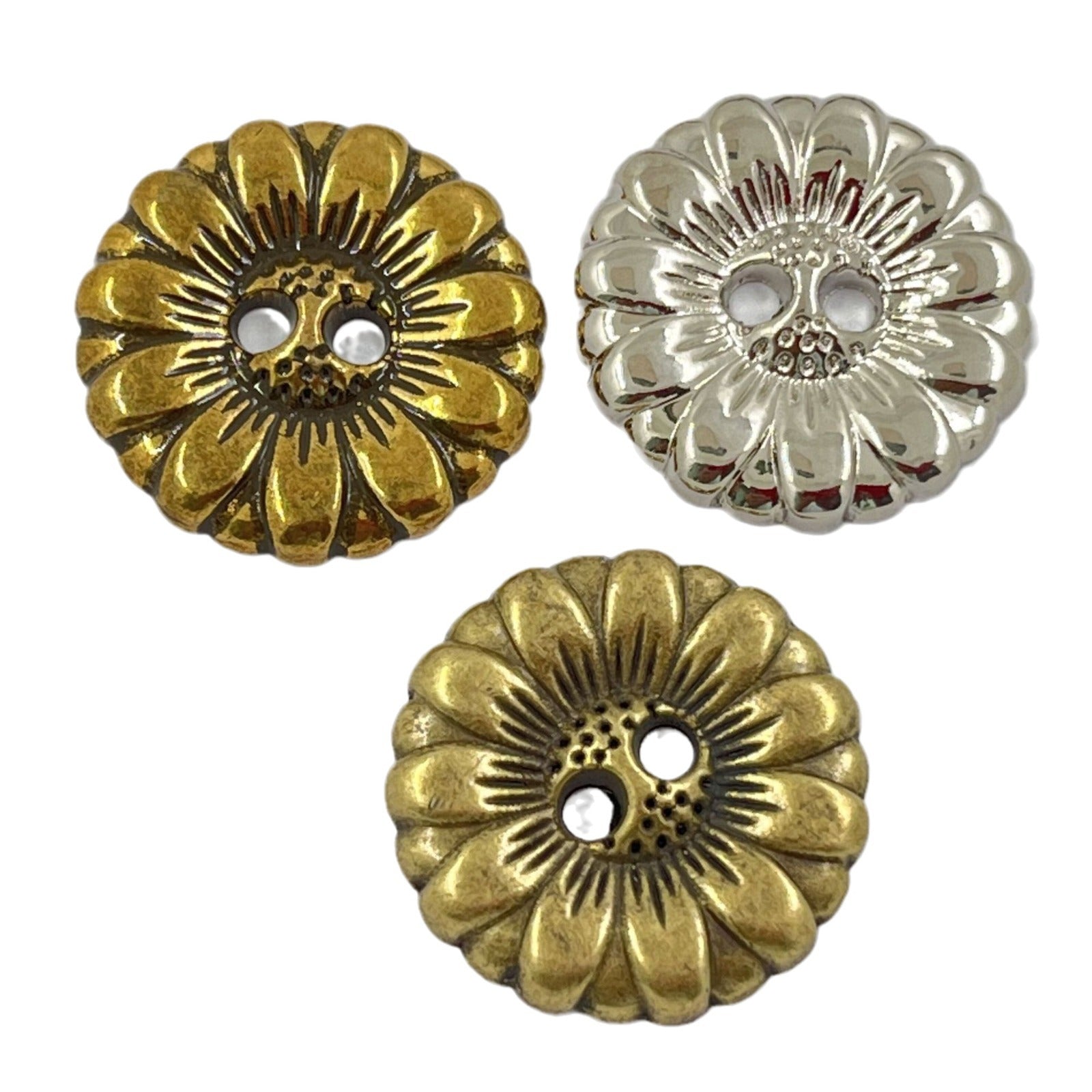 Bronze Sonnenblumen-Nähknöpfe, Vorderseite mit zwei Befestigungslöchern