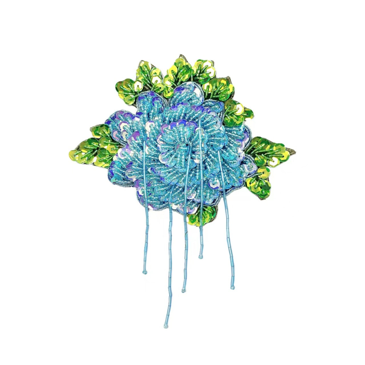 Blue embroidered flower patch with sequins, beads, pearls, green accents and dangling threads