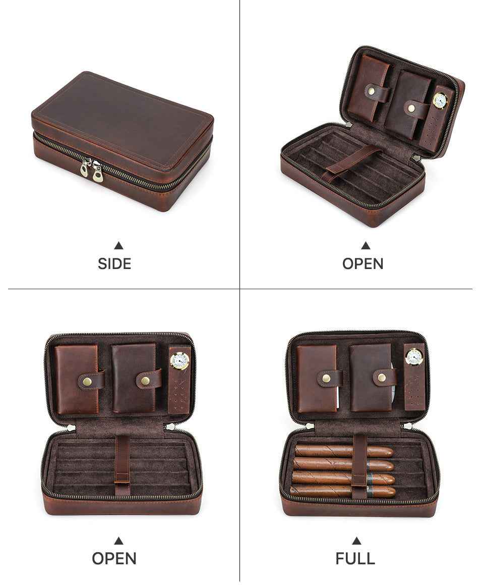 4-Stick Genuine Leather Portable Cigar Case with Hygrometer