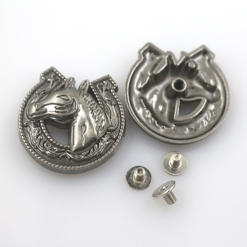 27mm vintage cow horsehide snap buttons, ornate metal, with screw posts and caps—50 pack