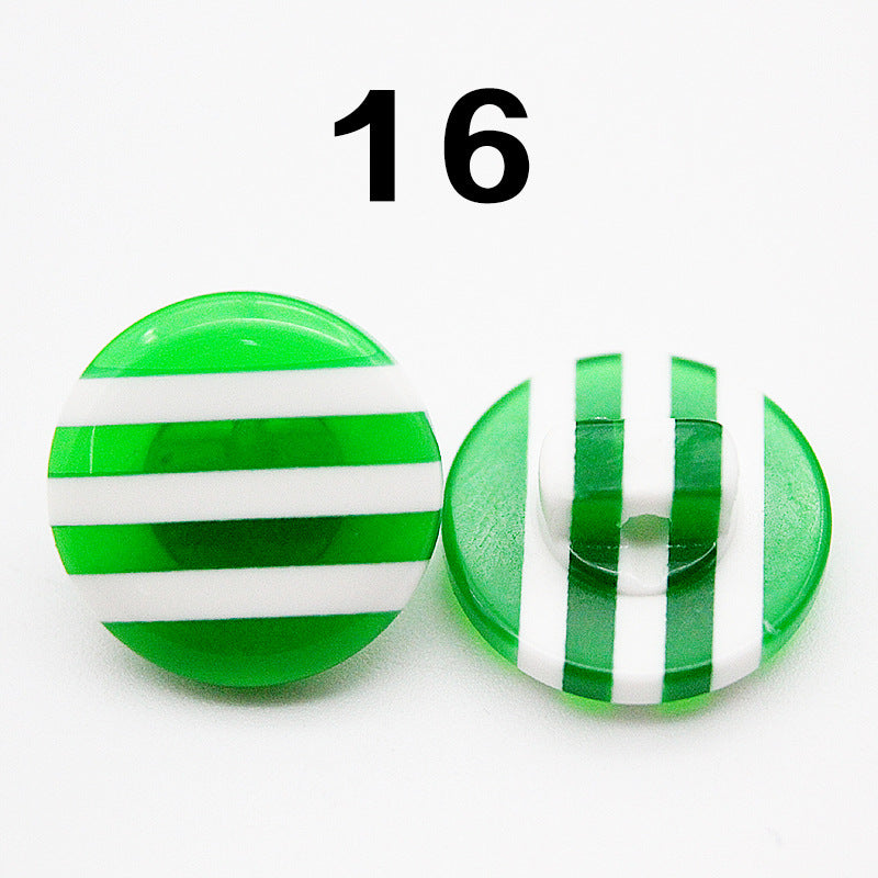 Rainbow striped resin shirt button, round, green/white horizontal stripes; Color 16