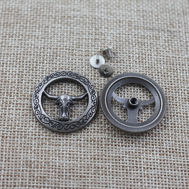 Runde Hohl-Taschenschrauben (28 mm), Bullenhaupt-Motiv, silberfarben, Schrauben + Basis