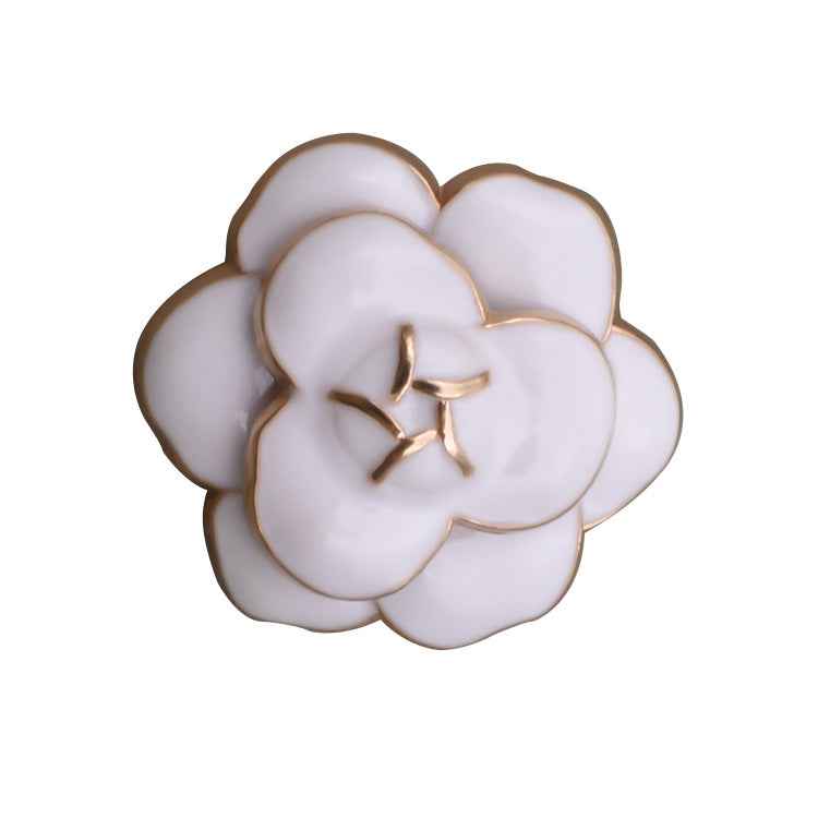 Camellia metal shank button, white flower with star center detail