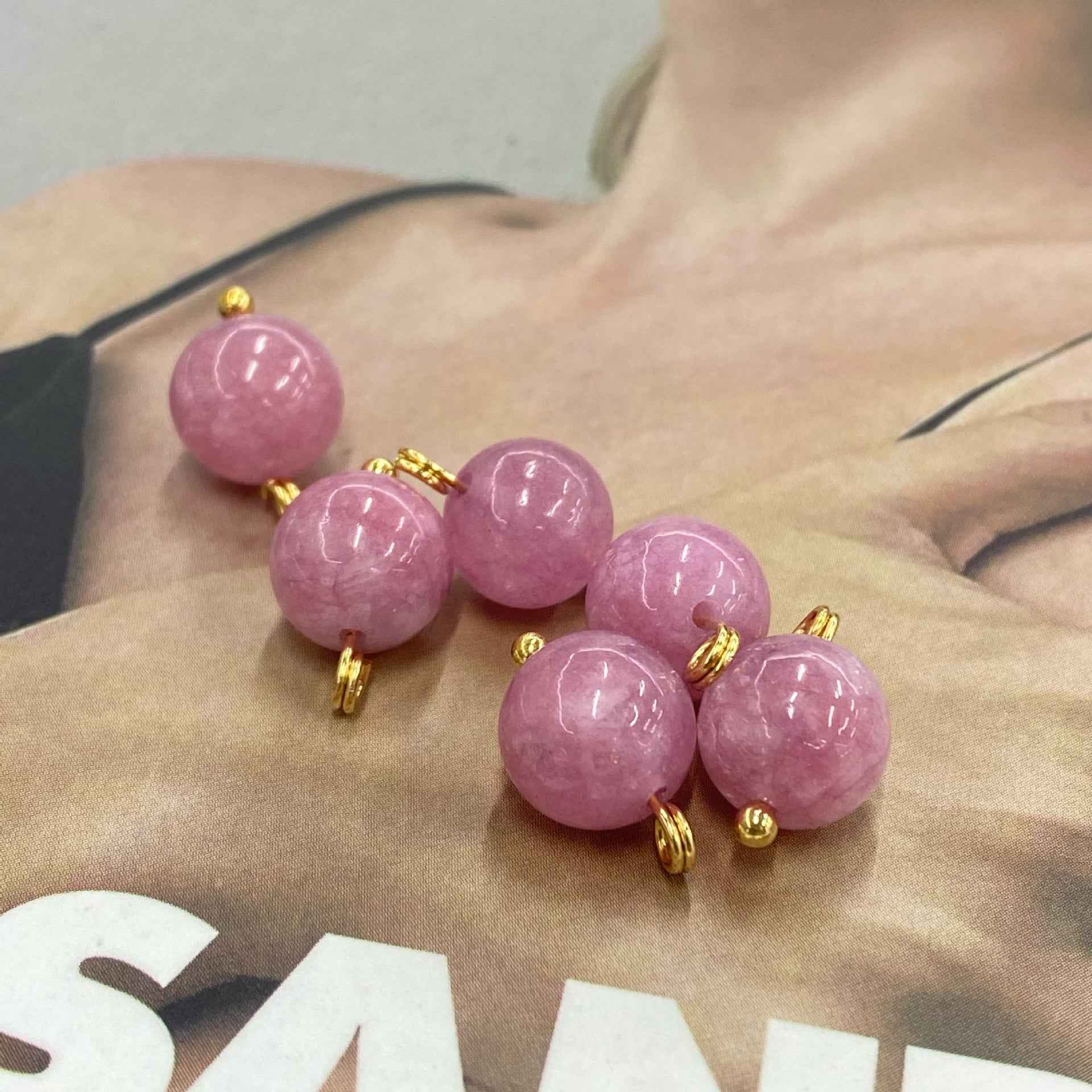 Natural jade buttons, rose pink tones, gold loops, 10mm round Chinese style