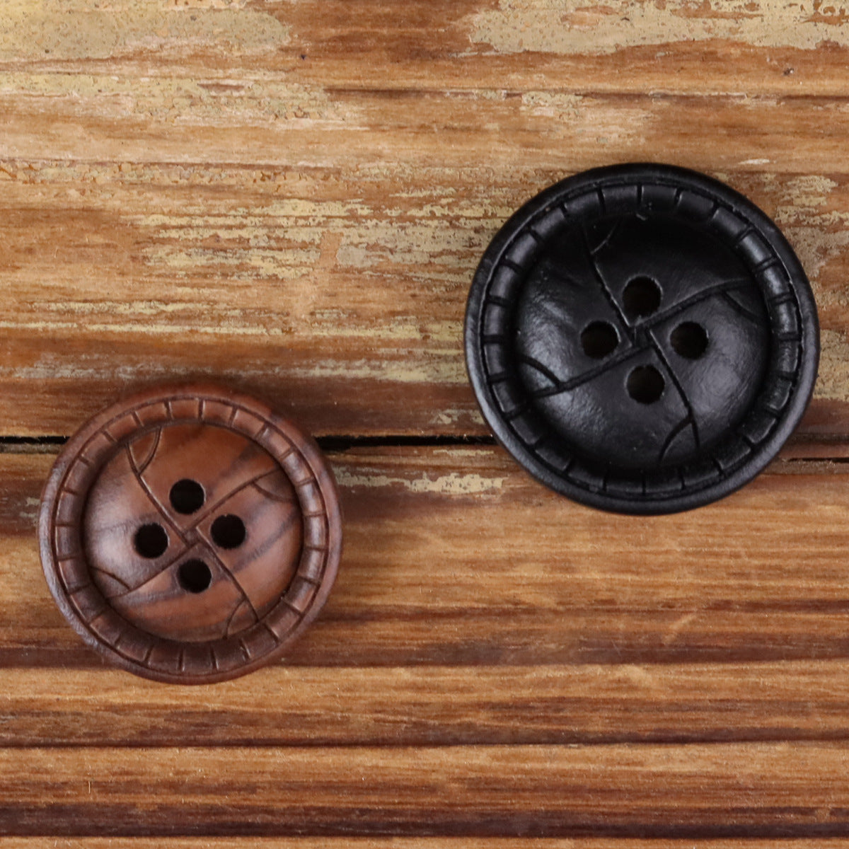 Round 4-hole distressed wood buttons, black and brown pair