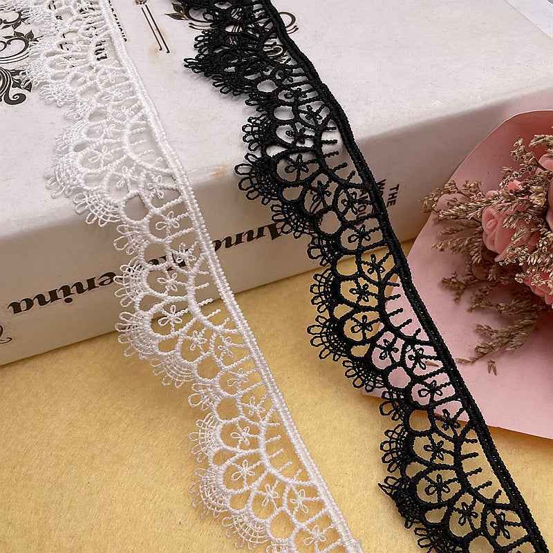 Milk silk lace trim, black with floral embroidery scalloped edging