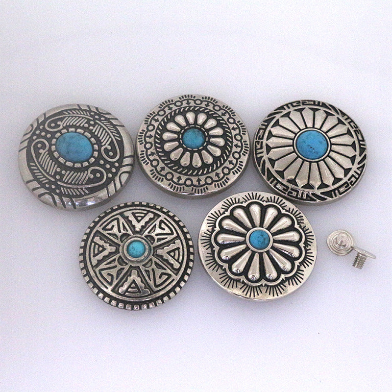 Turquoise metal stud buttons, six-pack view of round sun and floral designs