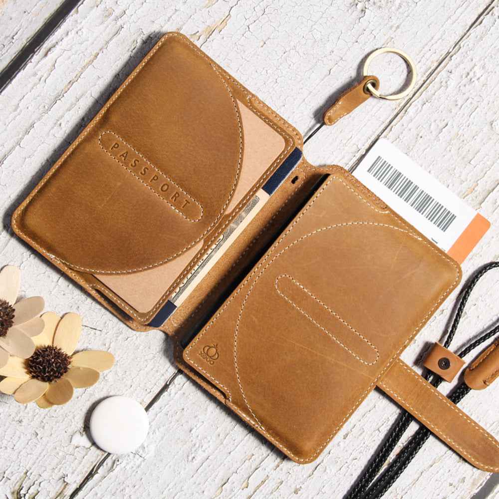Leather Passport Wallet with AirTag Finger Ring Neck Strap
