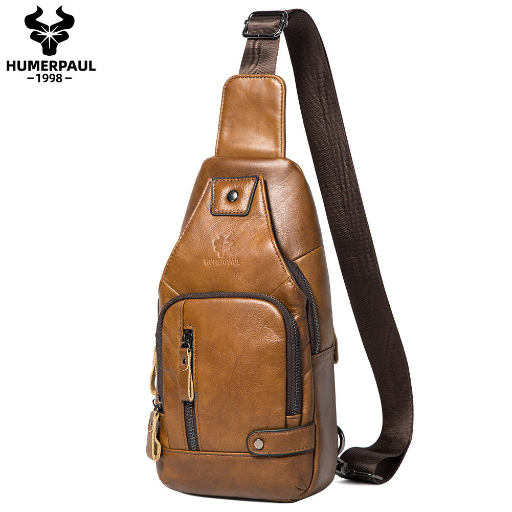 Men's Genuine Leather Chest Bag Full Grain Cowhide Sling Light Brown