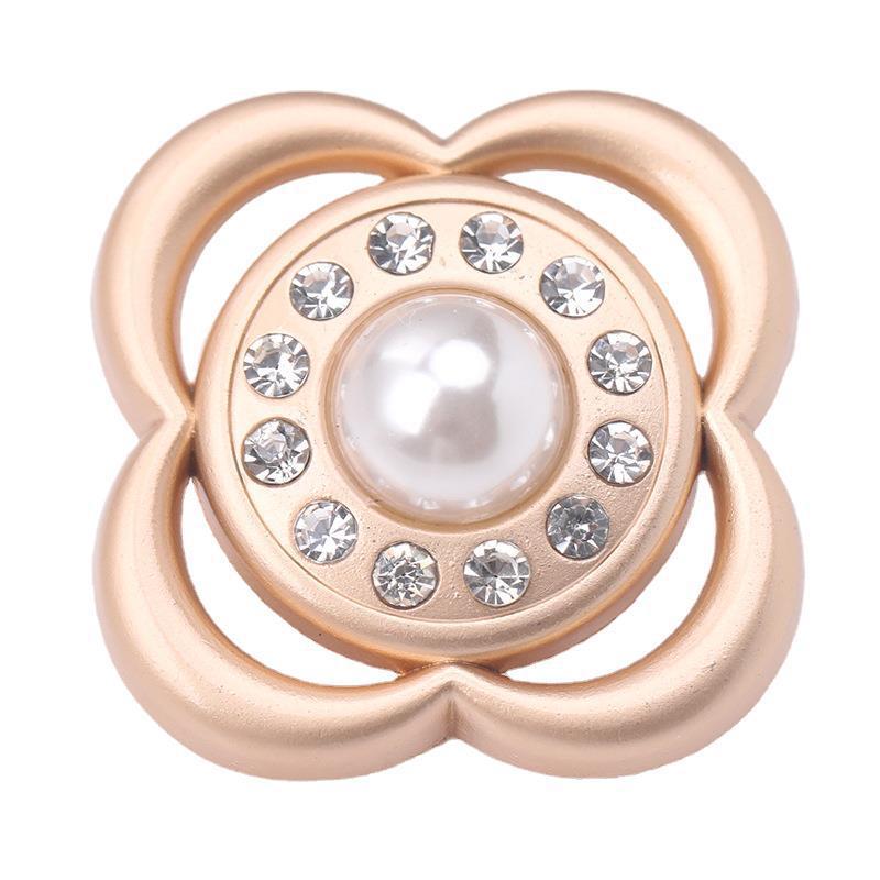 Flower Pearl & Rhinestone Shank Button, gold finish, close-up of pearl and rhinestones