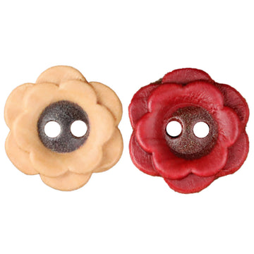 Flower wood buttons set, natural and red 2-hole designs, two flower buttons