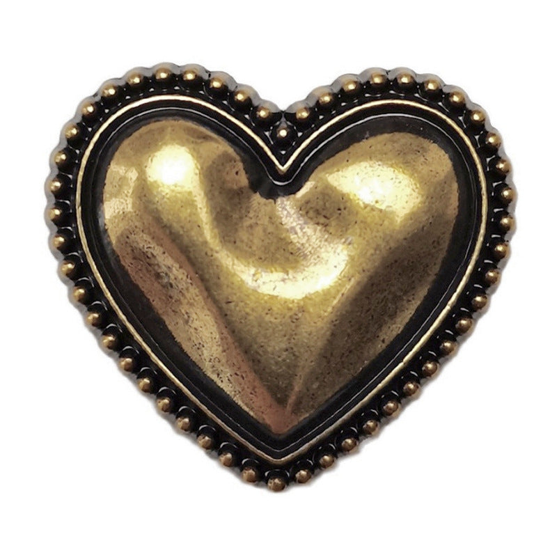 Bronze heart-shaped alloy shank button with black outline and gold-tone beaded edge
