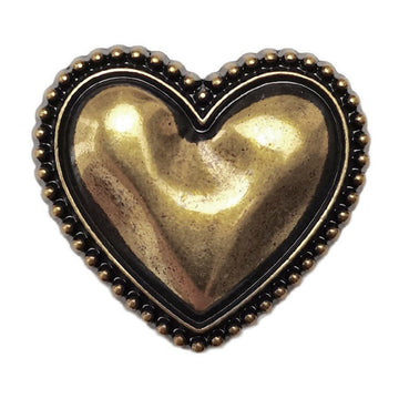 Bronze heart-shaped alloy shank button with black outline and gold-tone beaded edge