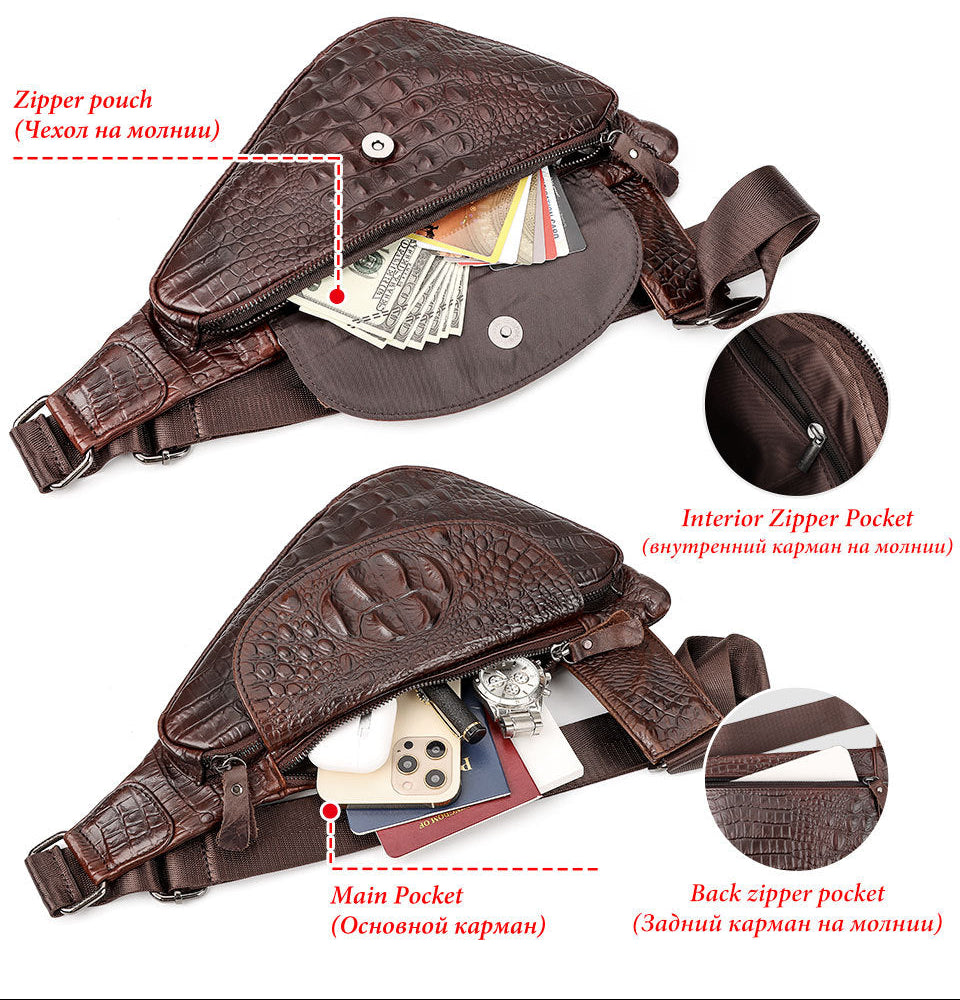 Men's Genuine Leather Chest Sling Bag,Alligator Pattern Triangle