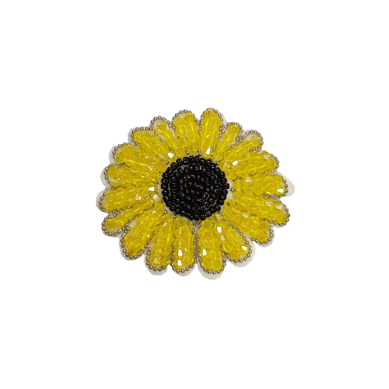 Yellow daisy rhinestone applique patch with black center and silver edging