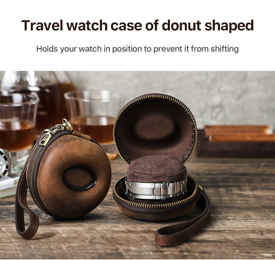 Vintage Round Leather Single Watch Case Box with Removable Wrist Cushion