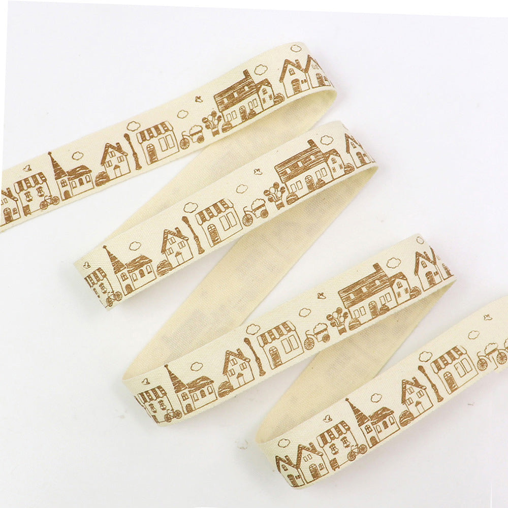 Schrägband aus Baumwoll-Leinen, cremefarben, bedruckt mit Häusern und Straßendetails (7er Set)