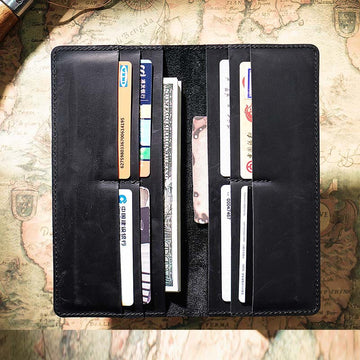Handmade Crazy Horse Leather Long Wallet for Men Black