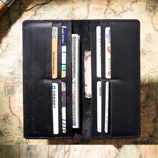 Handmade Crazy Horse Leather Long Wallet for Men Black