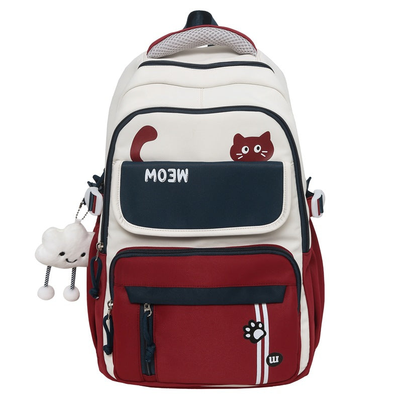 Korean Cat Series Student Backpack | Cute Lightweight School Bag for Girls Red