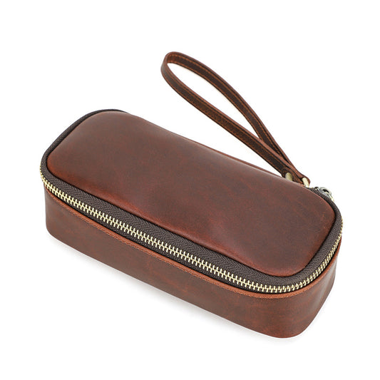 Leather Pipe & Tobacco Travel Case – Brown Zippered Carry Pouch for Pipe Smokers