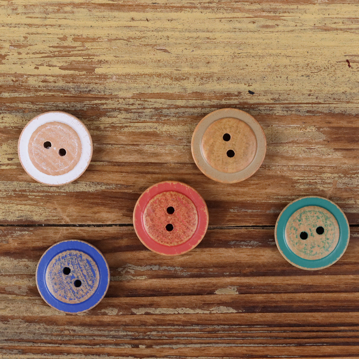 Assorted round 2-hole wood buttons for children’s clothing, mixed colors set