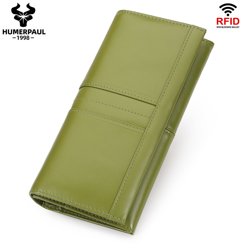 Genuine Leather RFID Blocking Clutch Long Ladies Wallet Green