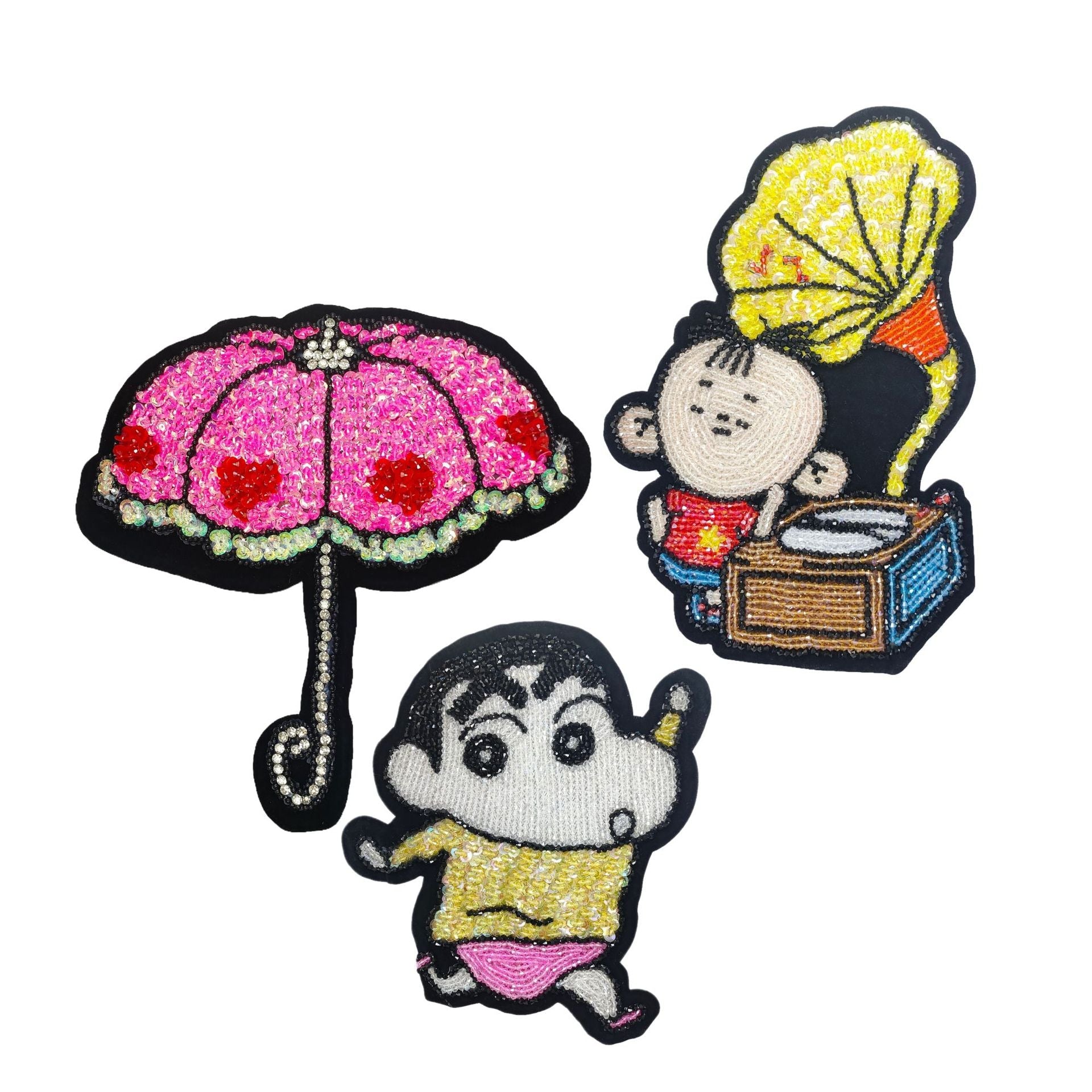 Große Shinchan-Applikation: rosa Schirm mit Perlen- und Strassbesatz, schwarze Umrandung