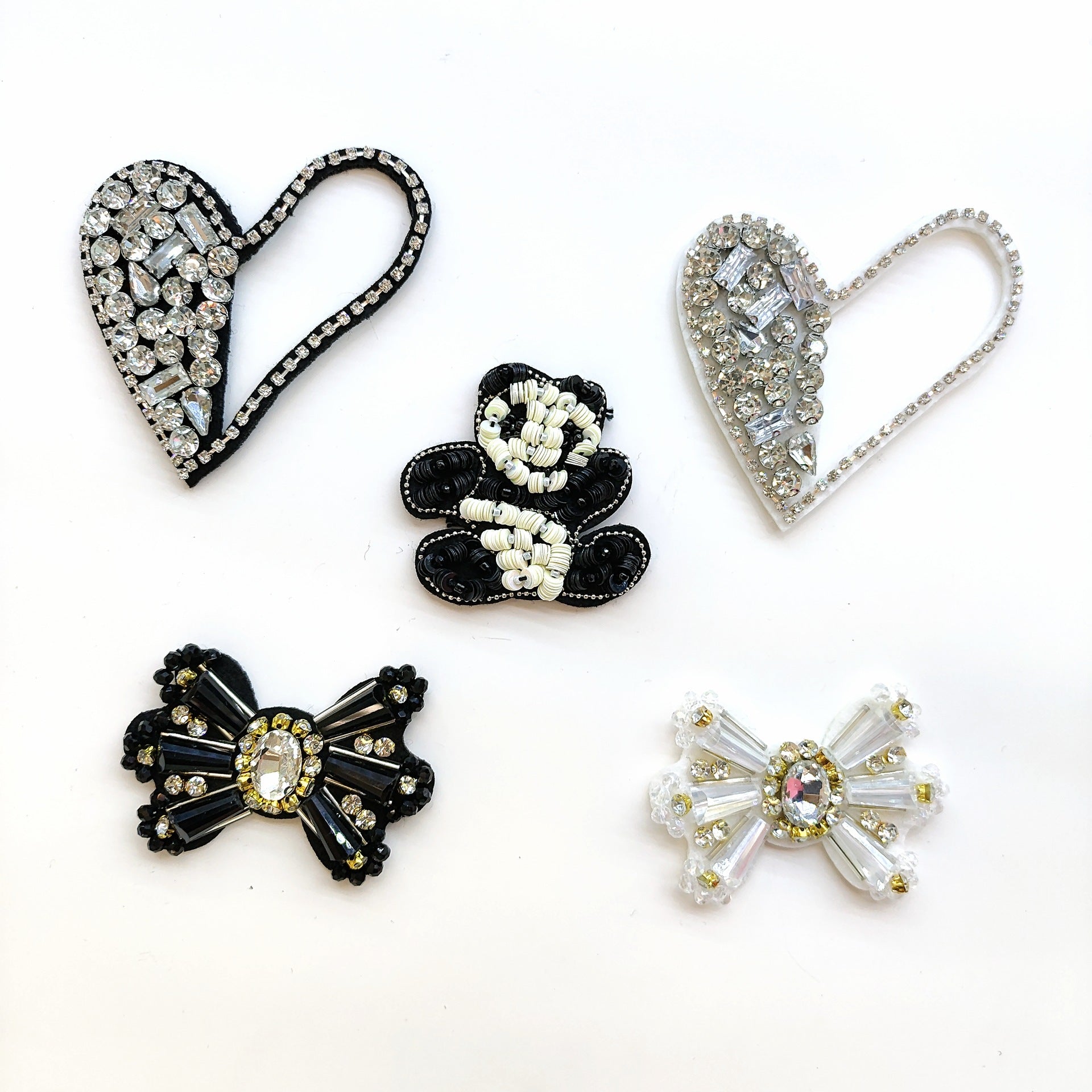Beaded heart and bowtie fabric patches set: black/white heart, silver heart, bows