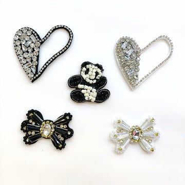 Beaded heart and bowtie fabric patches set: black/white heart, silver heart, bows