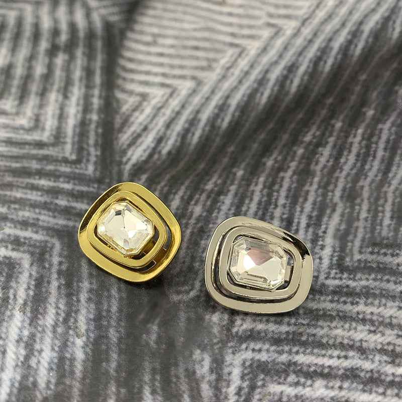 Gold & silver gemstone shank buttons, faceted clear octagon center, close-up pair