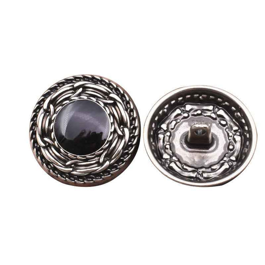 18/20/23/25mm black distressed metal shank buttons, front and back view