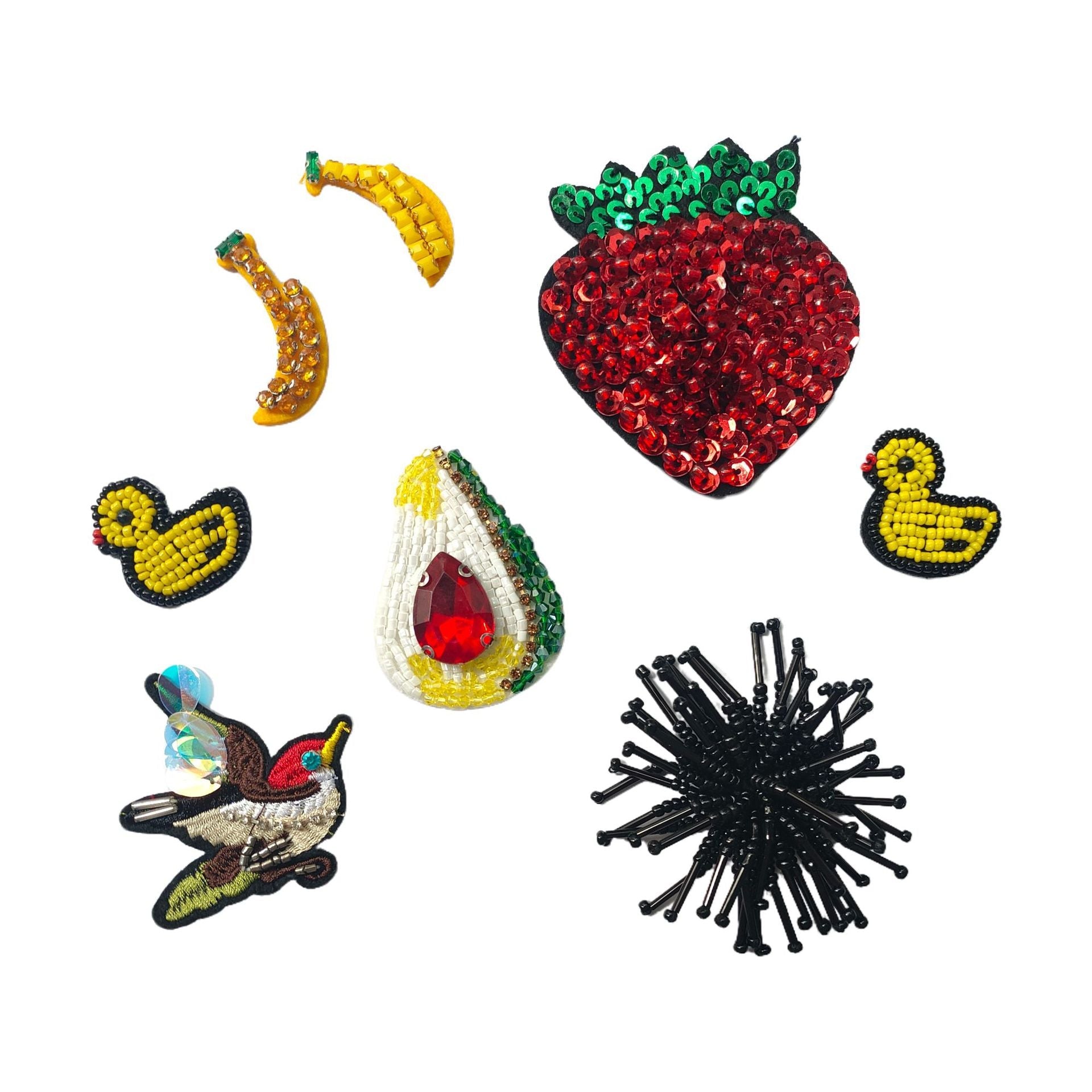 Pack de parches bordados con frutas y animales: fresa con lentejuelas, plátano, pato y más