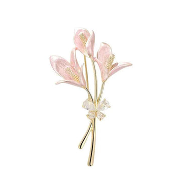 Rose gold lily enamel flower brooch with pink petals and gold stem, pin back
