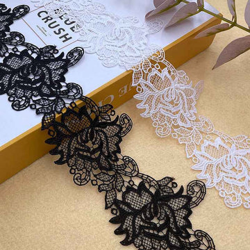 Black 7.8cm embroidered lace trim with floral border