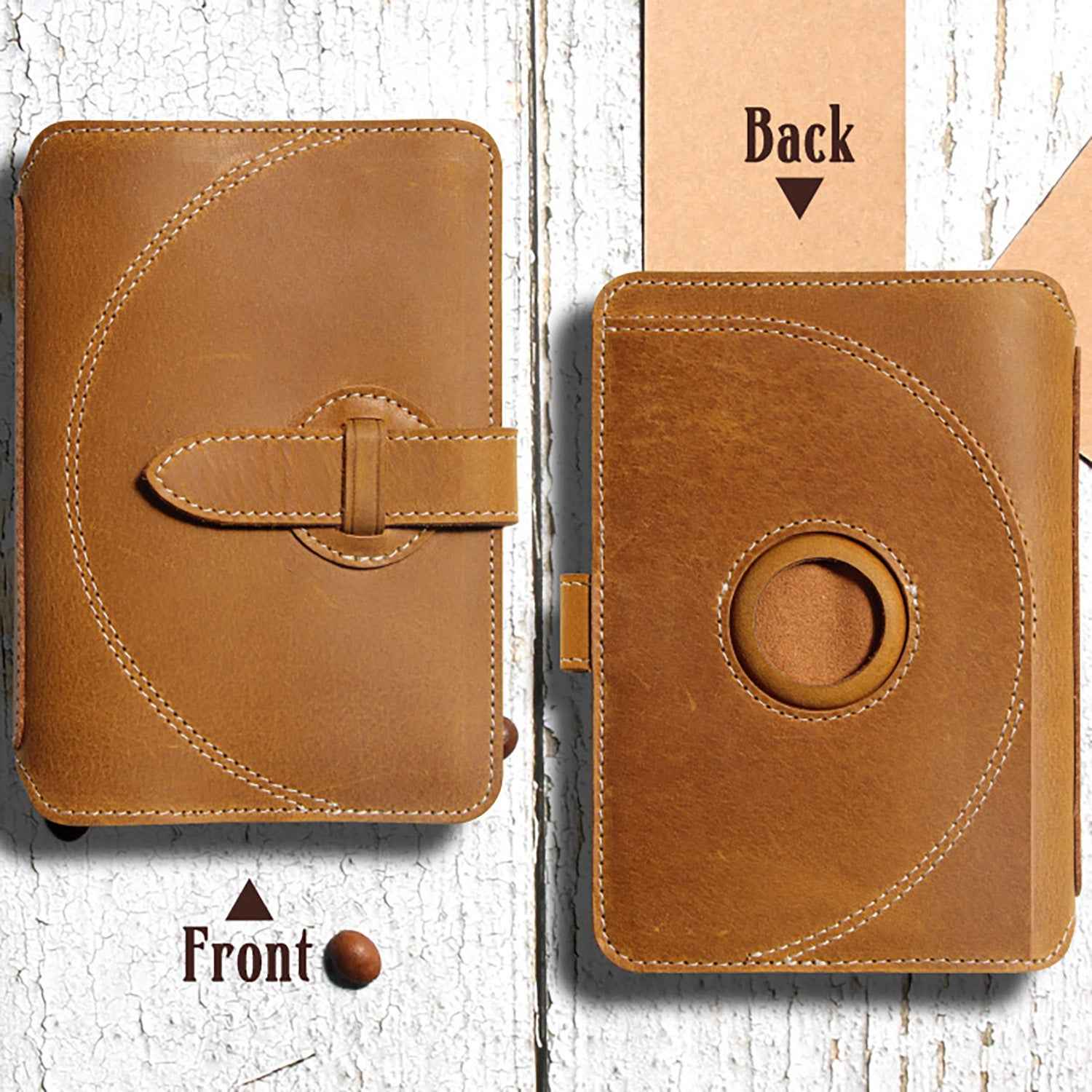Leather Passport Wallet with AirTag Finger Ring Neck Strap Brown