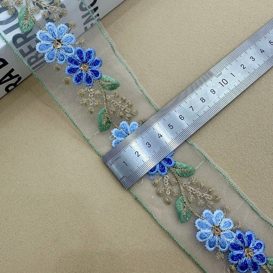 Blue Organza Sequin Embroidered Lace Trim 10 Yards Ribbons A 5.3cm