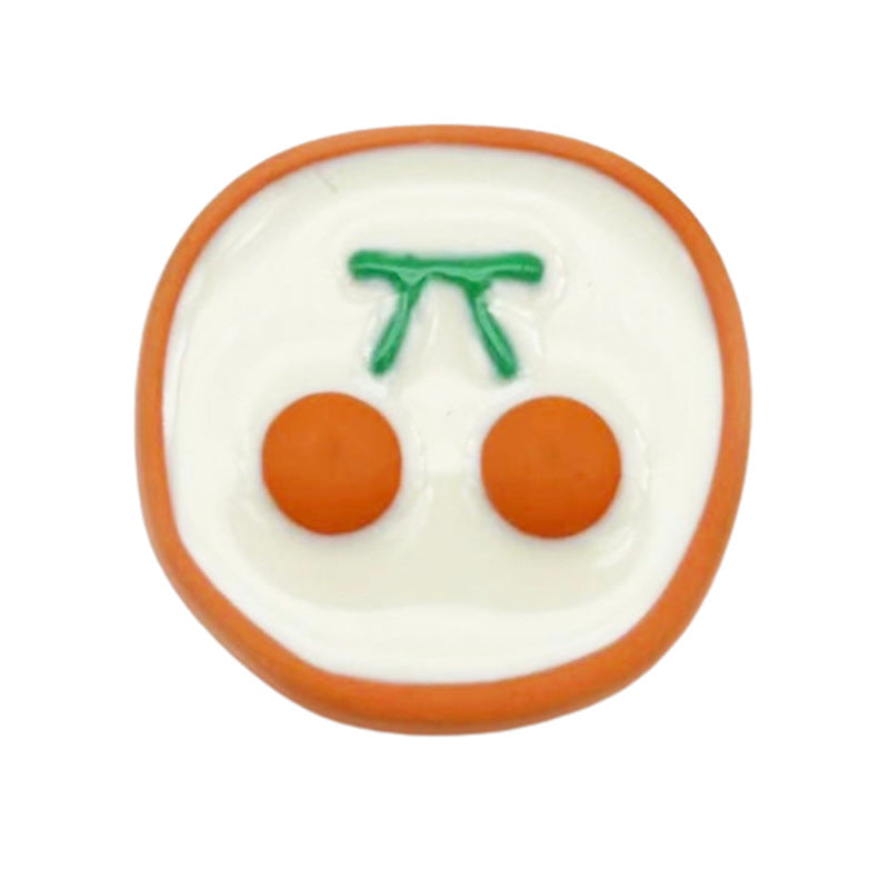 Orange cherry-shaped metal shank button, two orange domes and green stem