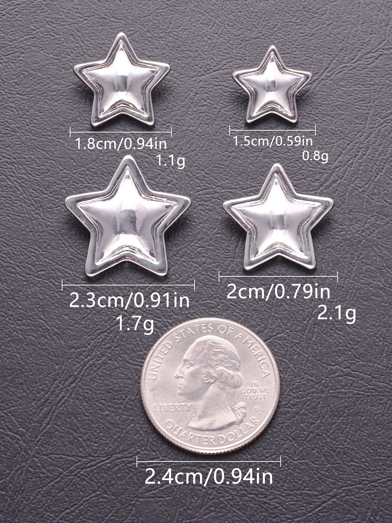 Silver star-shaped metal shank buttons, size and weight chart, 20-pack