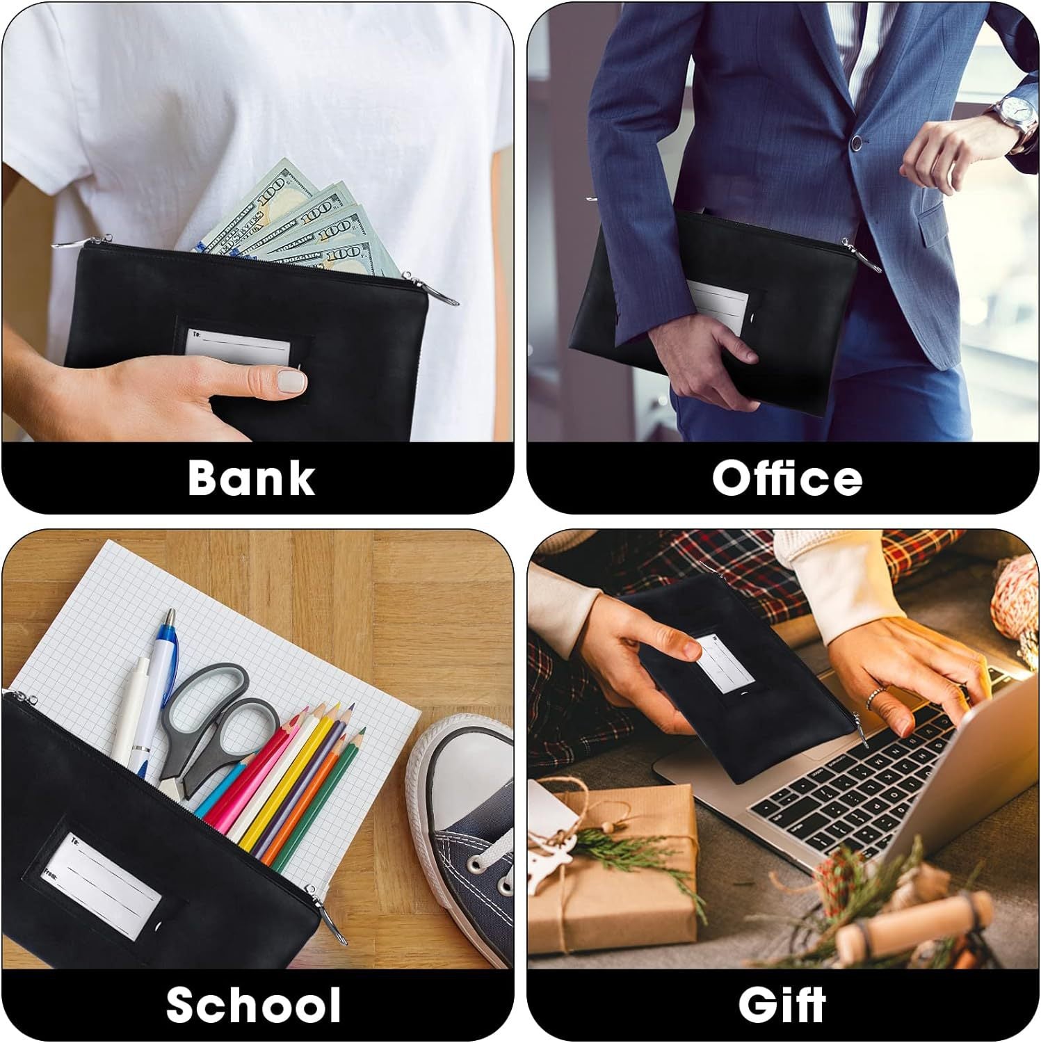 Leather Money Bag with Zipper For Depositing Cash and Bank Deposits