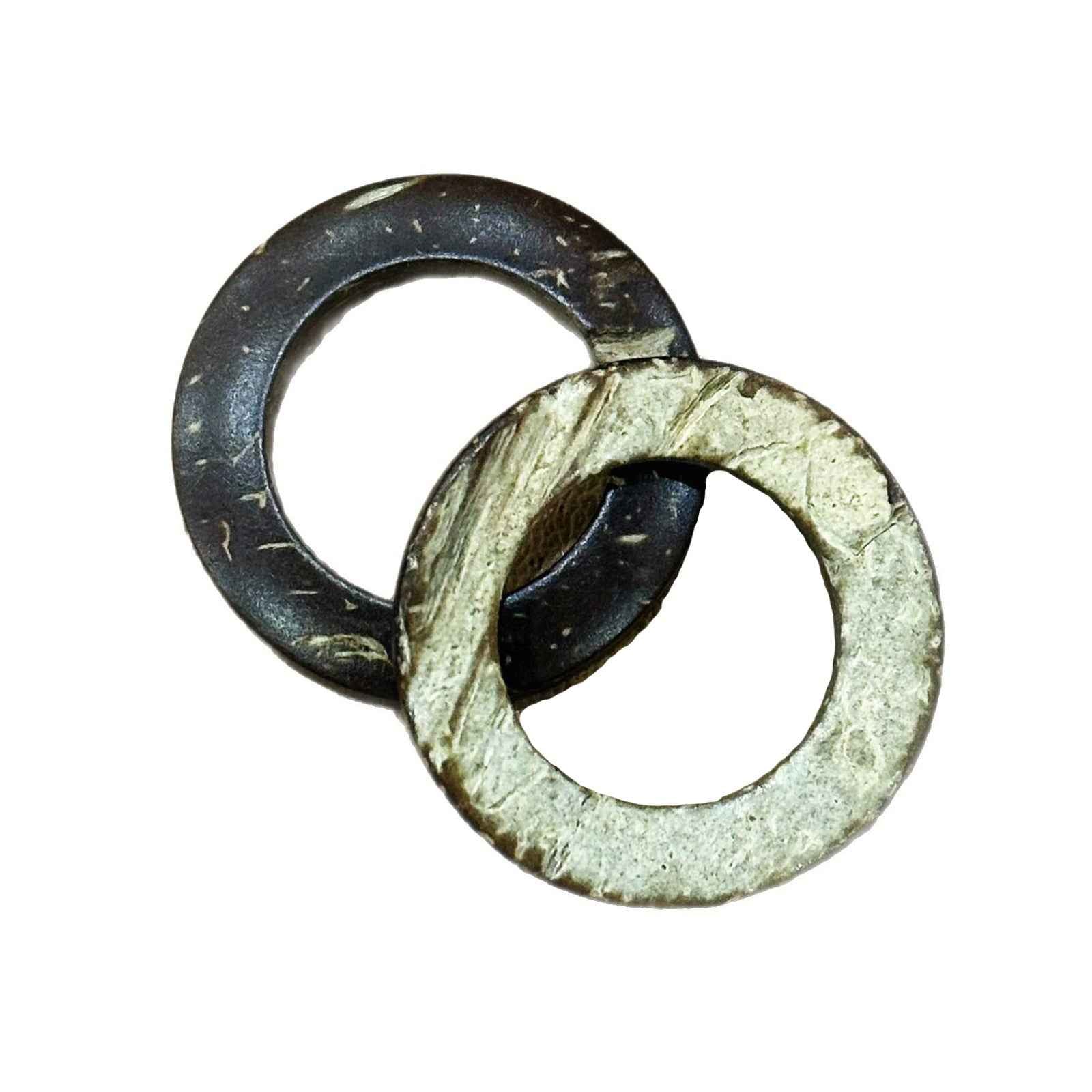 Coconut shell ring button pair, dark top and light outer ring with center hole