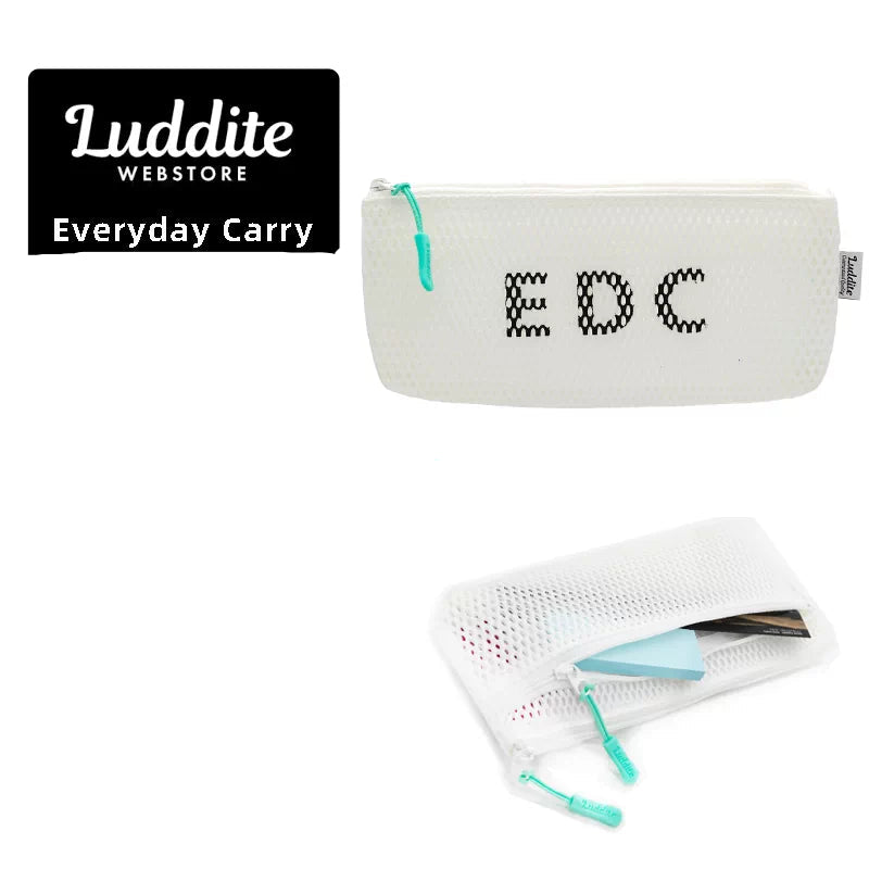 Luddite Slim Mesh Pencil Case & Cosmetic Pouch, 2 Zippered Pockets, 200 × 90 × 20mm White