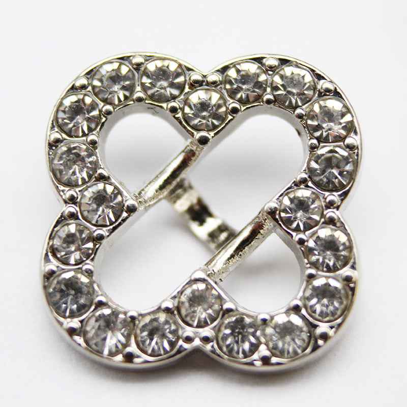 Silver-tone four-leaf clover rhinestone shank button, shiny round stone bezel