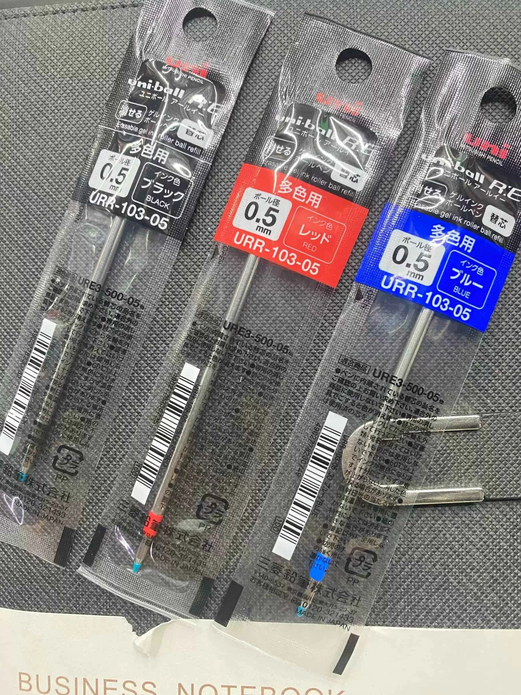 Uni-ball RE URR-103-05 Gel Pen Refill 0.5mm Black/Red/Blue 3 Pack