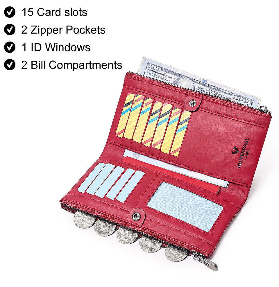 Women's Genuine Leather Long Wallet — RFID Blocking Clutch