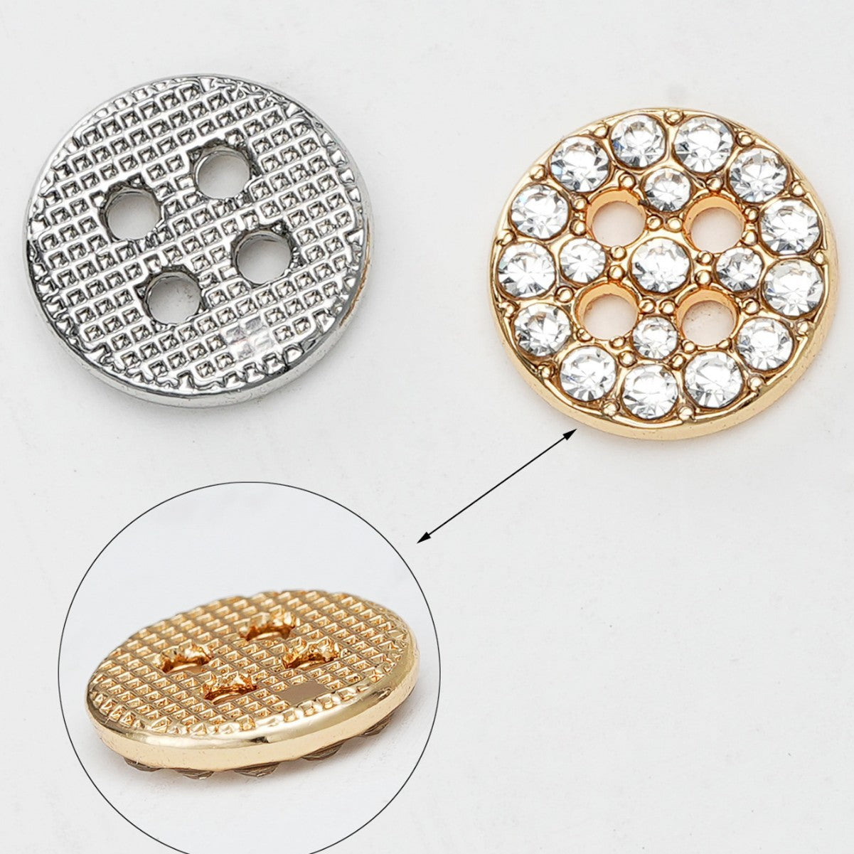 Silver and gold round 4-hole rhinestone shirt buttons with textured metal backs