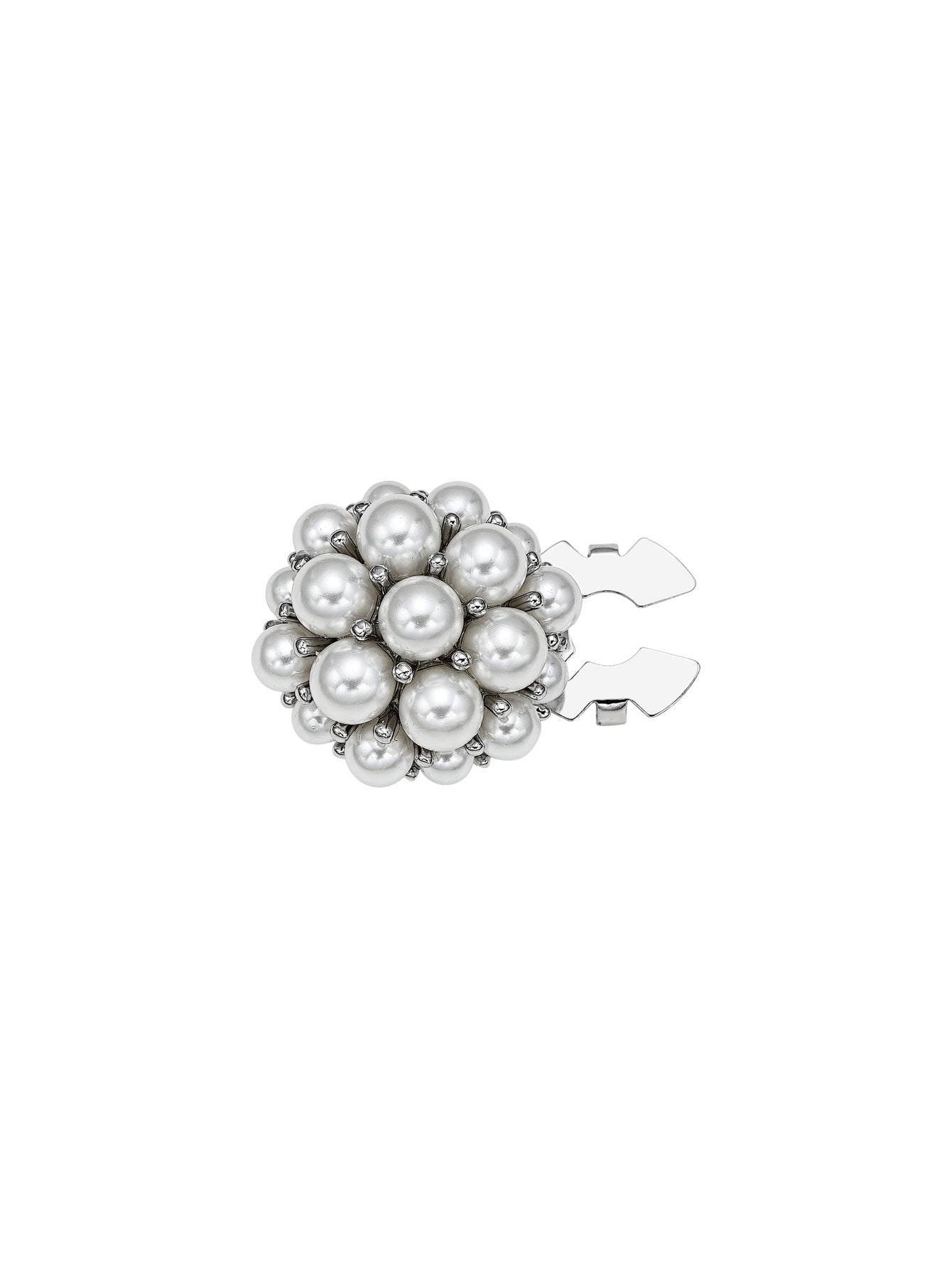 Silver pearl flower metal clamp button with white pearl cluster and metal clasp tabs.