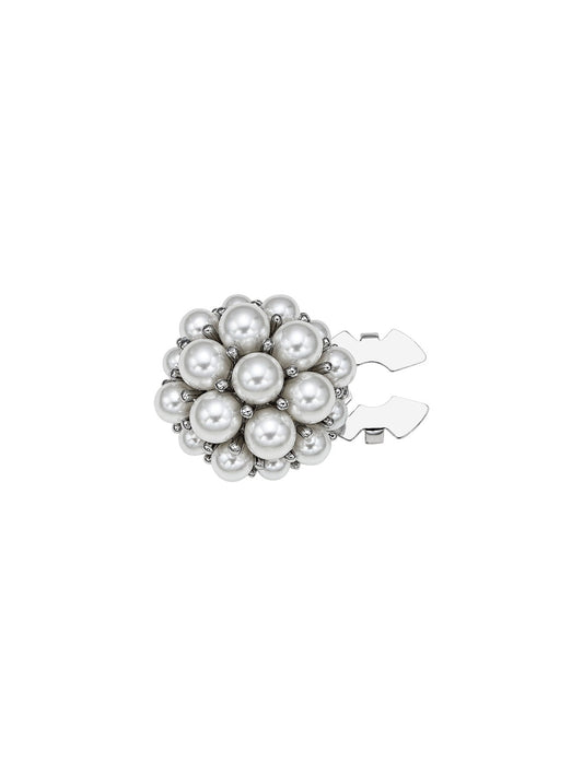 Silver pearl flower metal clamp button with white pearl cluster and metal clasp tabs.