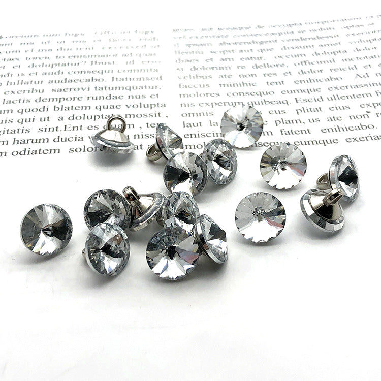 Crystal rhinestone shank buttons, silver metal backs, round clear stones (50 pcs).