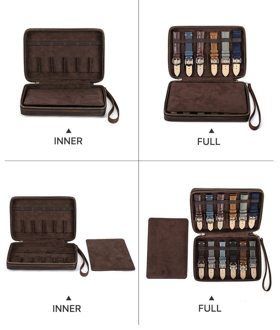 12-Slot Vintage Crazy Horse Leather Watch Strap Box | Handcrafted Zipper Travel Organizer